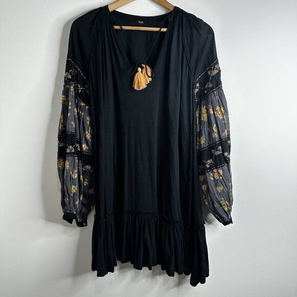 Free People Mix It Up Black Tunic Dress Large Boho Floral Balloon Sleeve - Picture 6 of 16